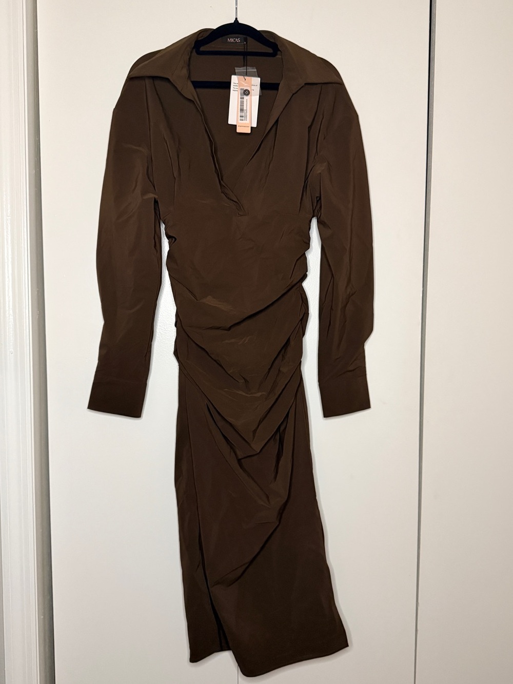 Micas Brown Ruched Long Sleeve Maxi Dress